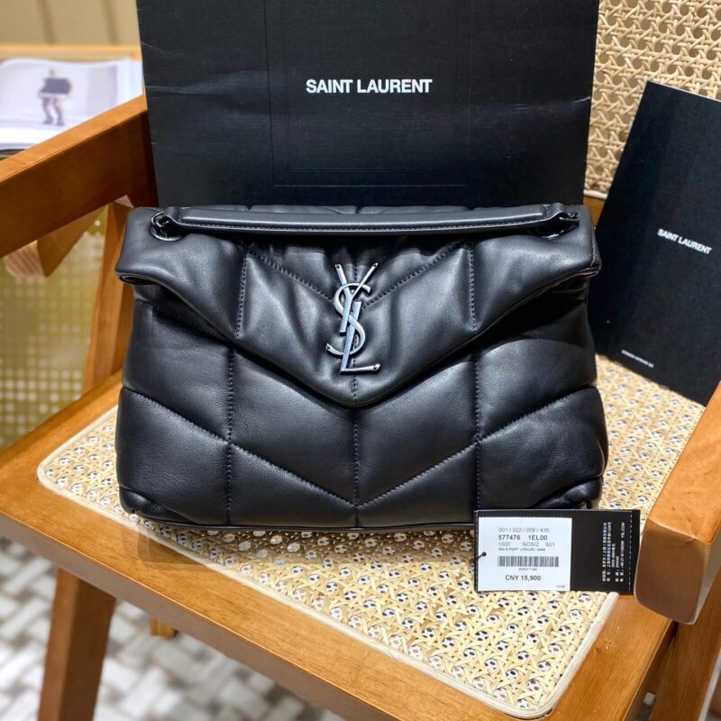 YSL LOULOU PUFFER 29CM 绗缝小羊皮包 577476黑色/黑扣