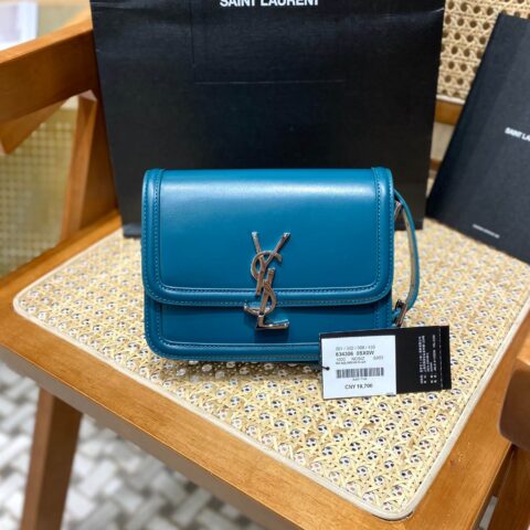 YSL Solferino BOX 19CM BAG 634306牙签纹牛皮蓝绿色/银扣