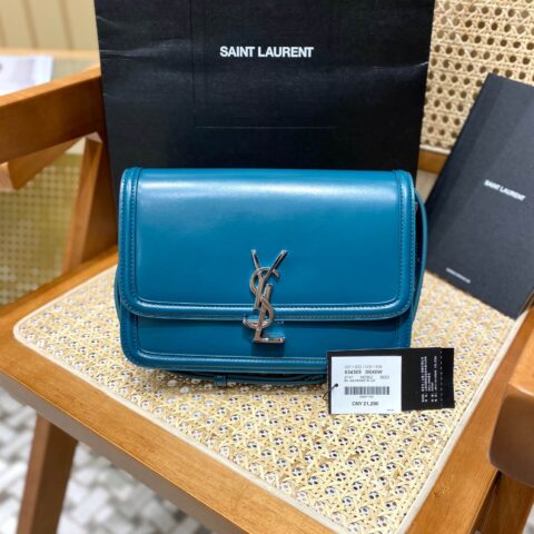 YSL Solferino BOX 23CM BAG 634305牙签纹牛皮蓝绿色/银扣