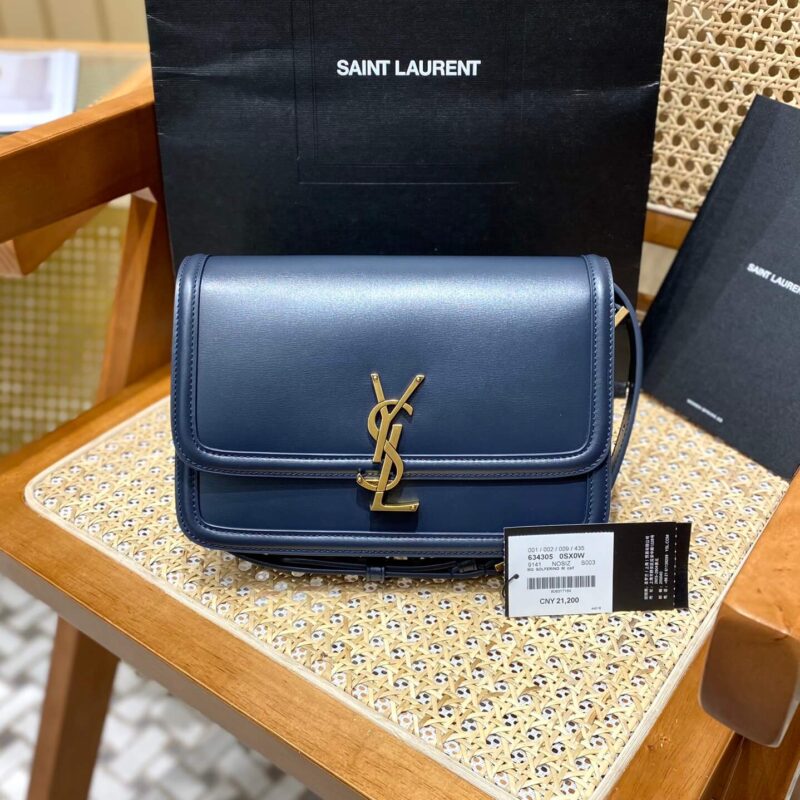 YSL Solferino BOX 23CM BAG 634305牙签纹牛皮藏蓝色/金扣