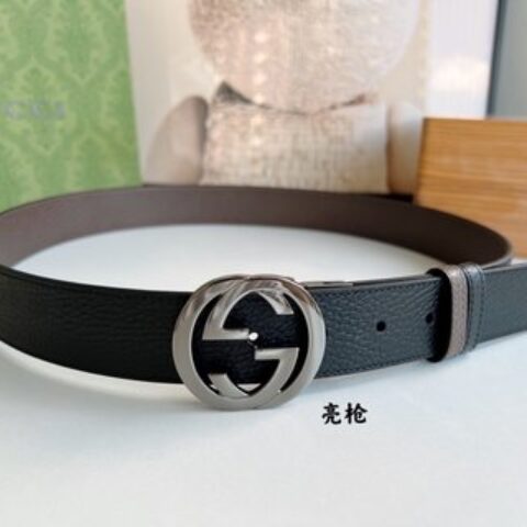 Gucci古驰3.5cm全皮黑色咖啡双G金扣/银扣腰带