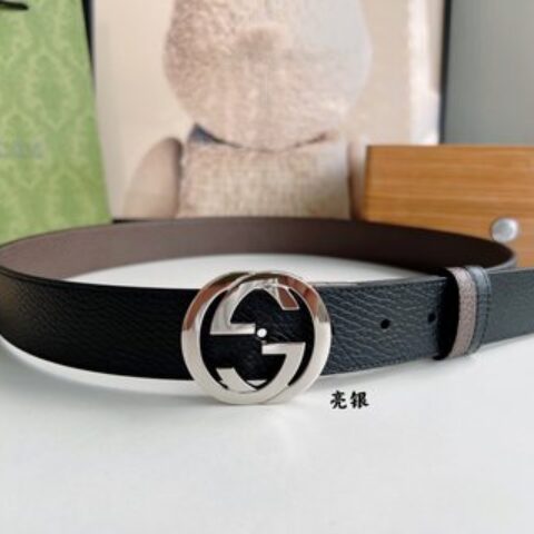 Gucci古驰3.5cm全皮黑色咖啡双G金扣/银扣腰带