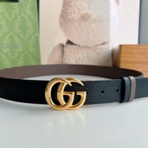 Gucci古驰  3.5cm全皮黑色咖啡双G金扣/银扣腰带