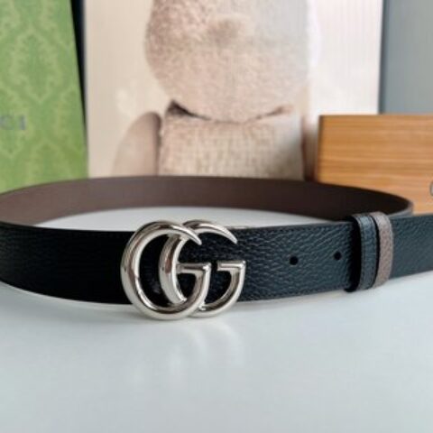 Gucci古驰  3.5cm全皮黑色咖啡双G金扣/银扣腰带