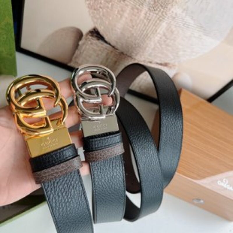 Gucci古驰  3.5cm全皮黑色咖啡双G金扣/银扣腰带