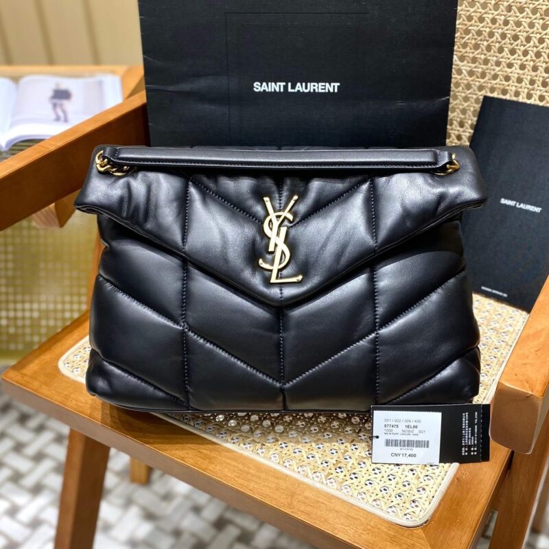 YSL LOULOU PUFFER 35CM 绗缝小羊皮包 577475黑色/金扣
