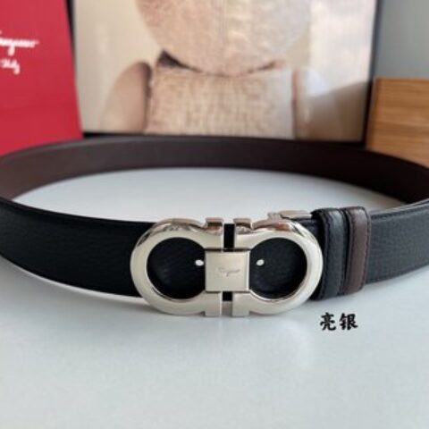 Salvatore  Ferragamo菲拉格慕男士3.5cm精致专柜版型双圈马蹄金属扣，头层牛皮双面腰带