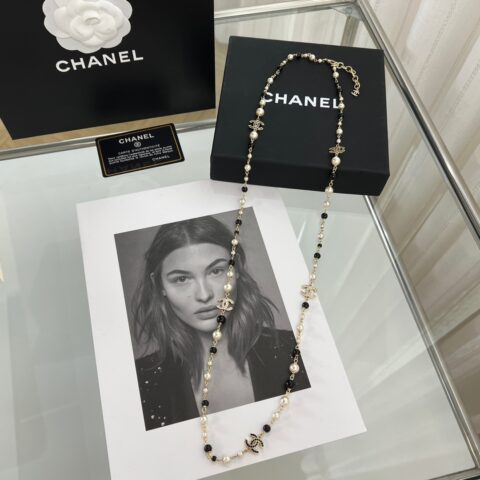 新款☑️CHANEL香奈儿珍珠双c黑钻毛衣链项链
