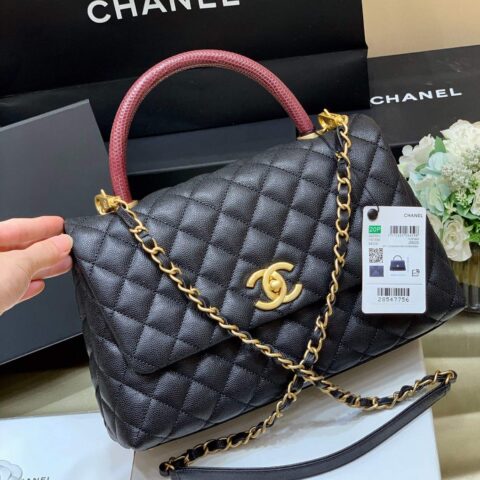 CHANEL coco handle 28CM A92993黑色/酒红手柄/金扣