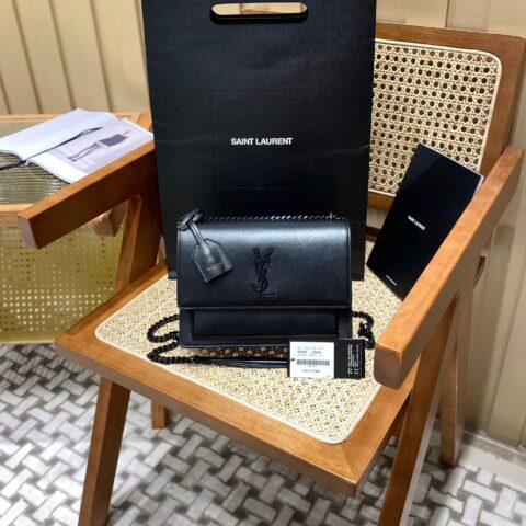 YSL Sunset 22CM 牙签纹日落包 442906黑色黑扣