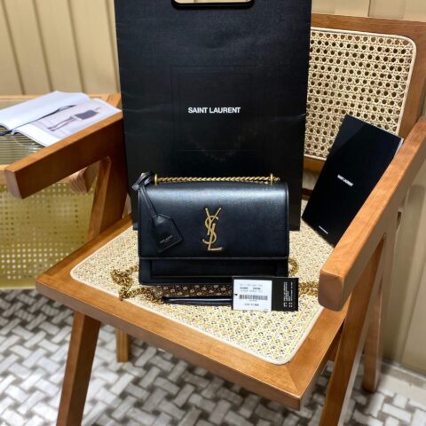 YSL Sunset 22CM 牙签纹日落包 442906黑色金扣