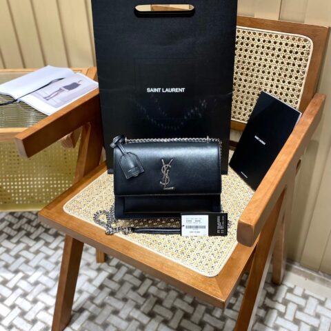 YSL Sunset 22CM 牙签纹日落包 442906黑色银扣