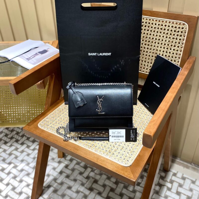YSL Sunset 22CM 牙签纹日落包 442906黑色银扣