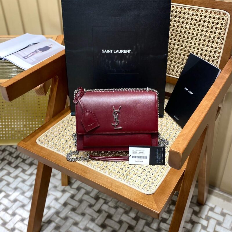 YSL Sunset 22CM 牙签纹日落包 442906酒红色银扣