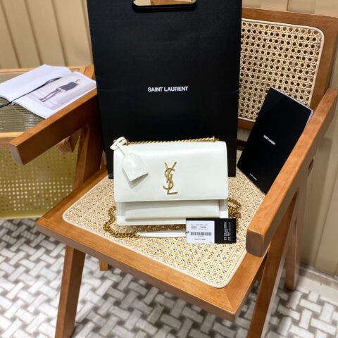 YSL Sunset 22CM 牙签纹日落包 442906白色金扣
