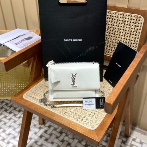 YSL Sunset 22CM 牙签纹日落包 442906白色银扣