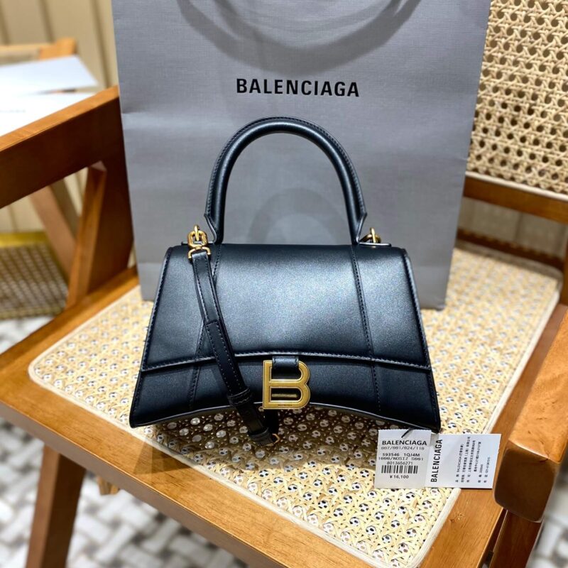 Balenciaga Hourglass S 23CM 平纹纹沙漏包 593546黑色/金扣