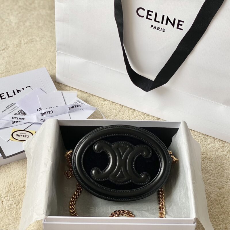 CELINE赛琳黑色丝绒搭配牛皮材质月饼包