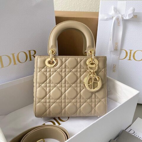 DIOR LADY 20CM 羊皮金扣四格戴妃包 M0538奶茶色