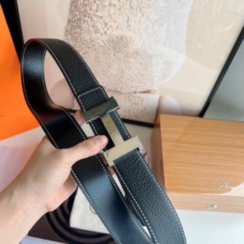 Hermes爱马仕   进口精选优质皮精钢四角亮面金属挂扣3.8cm腰带