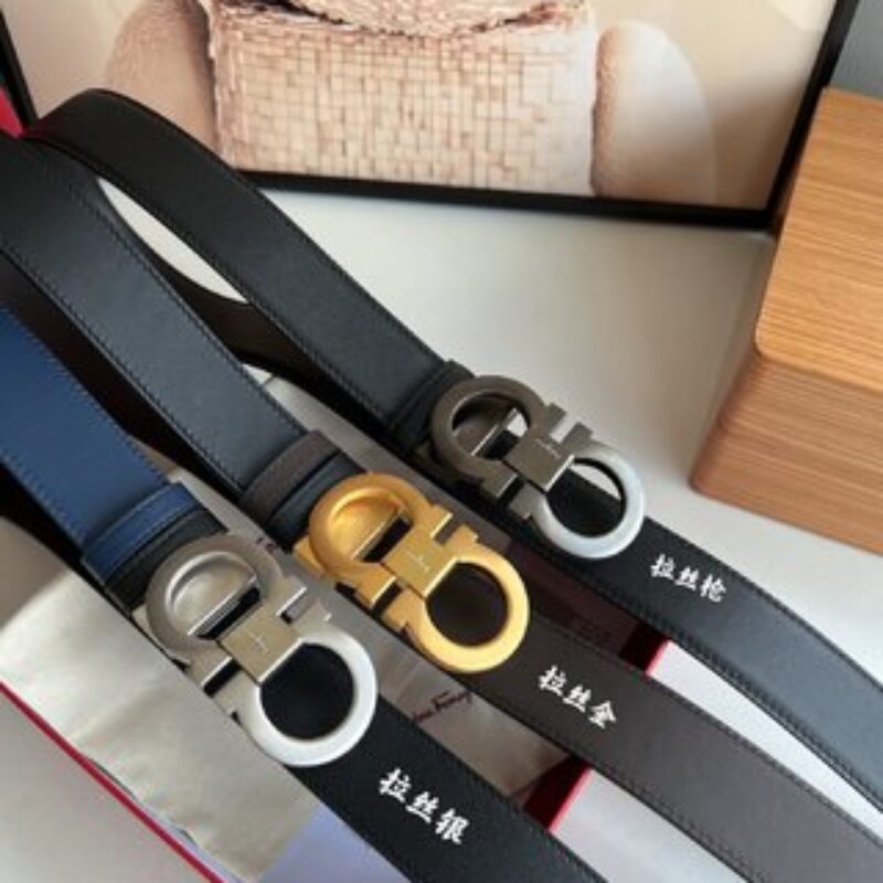 Salvatore  Ferragamo菲拉格慕男士3.5cm精致专柜版型双圈马蹄金属扣头层牛皮双面腰带