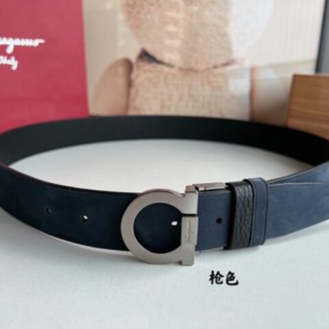 Salvatore  Ferragamo菲拉格慕男士3.5cm专柜旋转金属夹扣，进口头层牛皮甩纹绒面内衬腰带