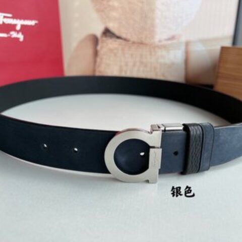 Salvatore  Ferragamo菲拉格慕男士3.5cm专柜旋转金属夹扣，进口头层牛皮甩纹绒面内衬腰带