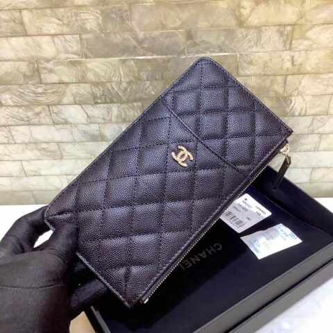 Chanel 2022新品 经典款球纹菱格纹双C手机包 卡包 A84402黑色/金扣