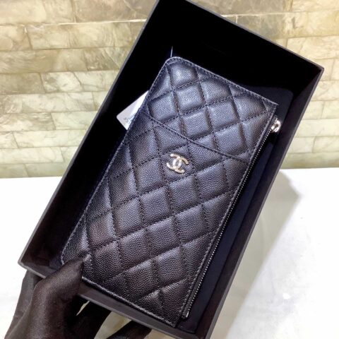 Chanel 2022新品 经典款球纹菱格纹双C手机包 卡包 A84402黑色/银扣