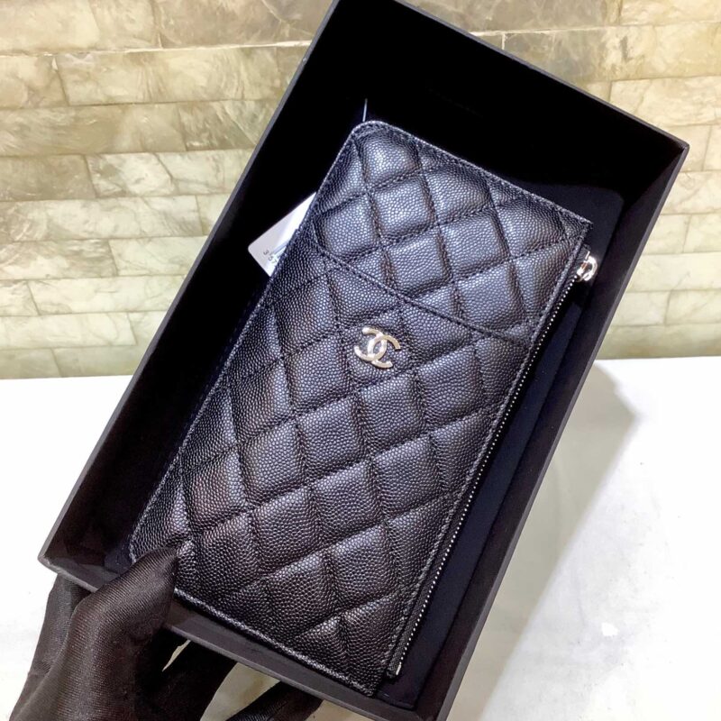 Chanel 2022新品 经典款球纹菱格纹双C手机包 卡包 A84402黑色/银扣