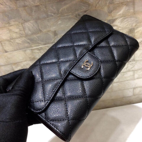 CHANEL 原单进口球纹牛皮三折钱夹 A31506黑色/银扣