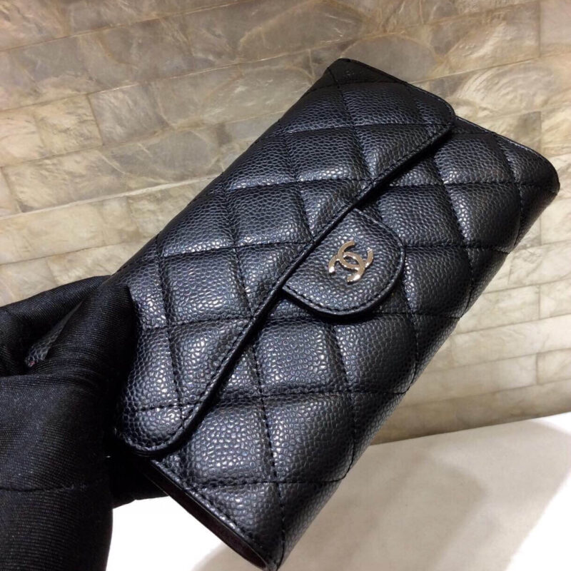 CHANEL 原单进口球纹牛皮三折钱夹 A31506黑色/银扣