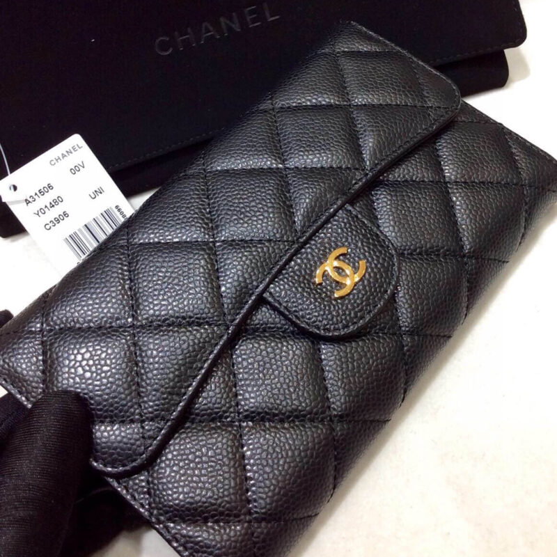 CHANEL 原单进口球纹牛皮三折钱夹 A31506黑色/金扣