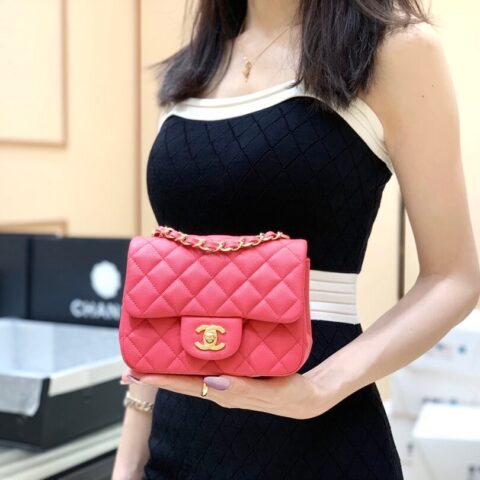 CHANEL CF 17CM方胖子 A01115球纹牛皮/桃红色/香槟色五金