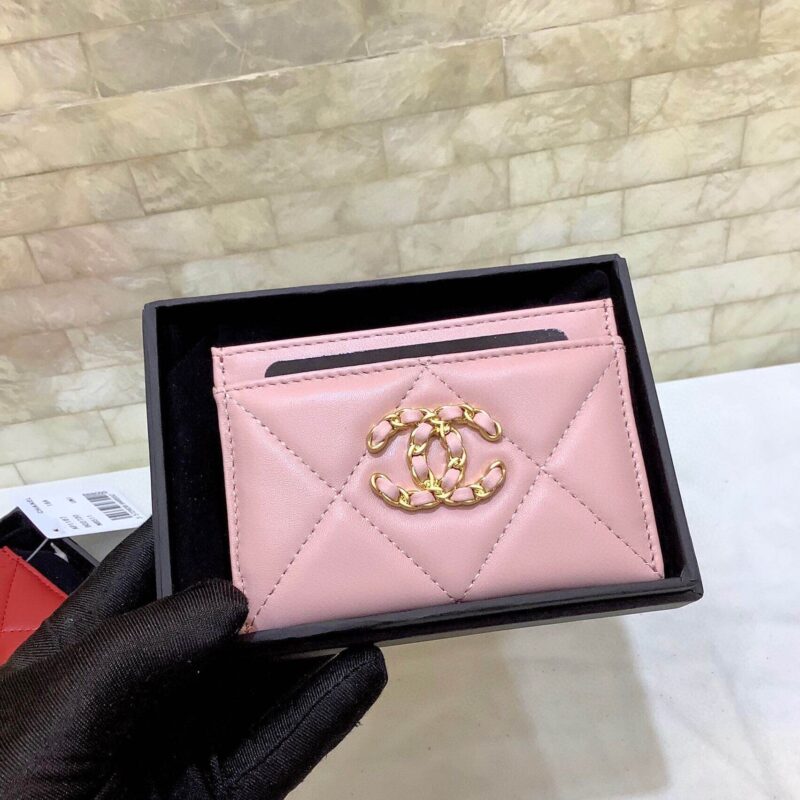 Chanel 经典菱格纹19羊皮金色大cc logo 卡包卡套 AP1167粉色
