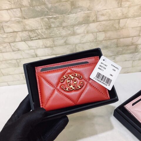 Chanel 经典菱格纹19羊皮金色大cc logo 卡包卡套 AP1167红色