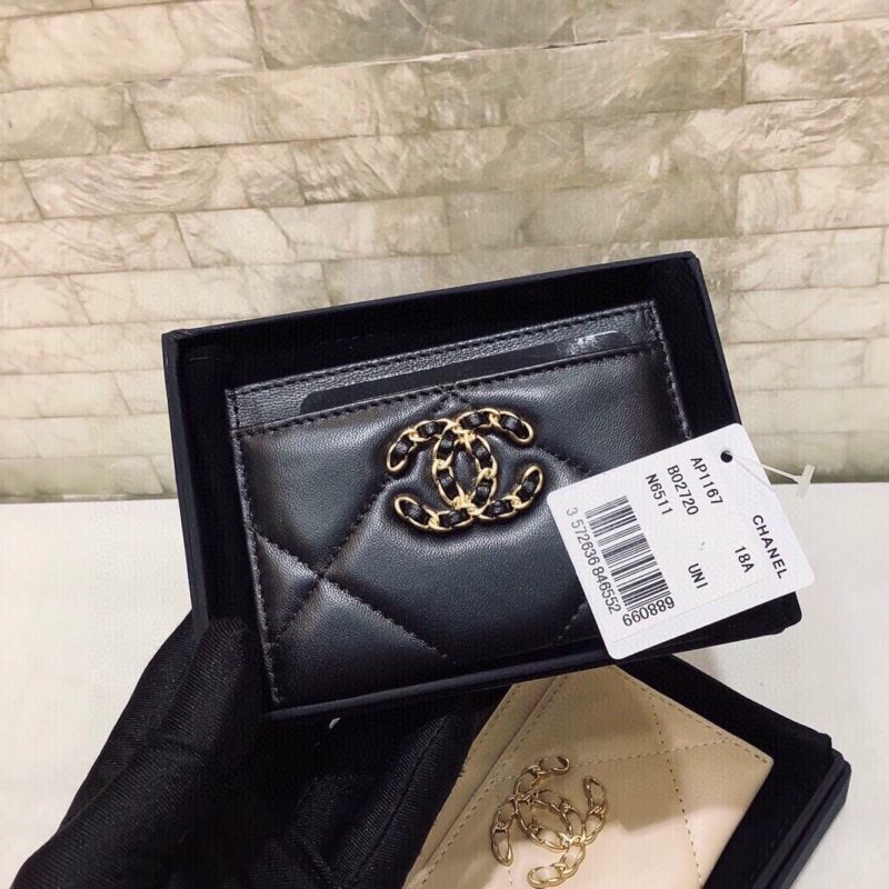Chanel 经典菱格纹19羊皮金色大cc logo 卡包卡套 AP1167黑色