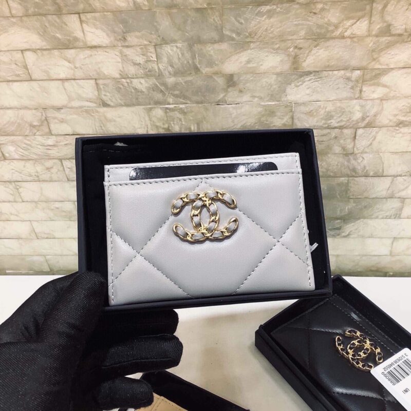 Chanel 经典菱格纹19羊皮金色大cc logo 卡包卡套 AP1167灰色