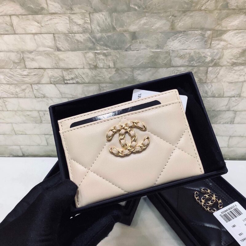 Chanel 经典菱格纹19羊皮金色大cc logo 卡包卡套 AP1167杏色