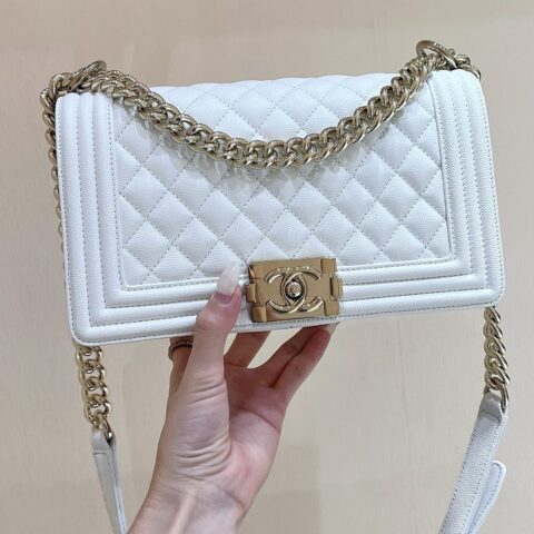 CHANEL haas荔枝牛皮Leboy 25CM A67086白色/香槟色五金