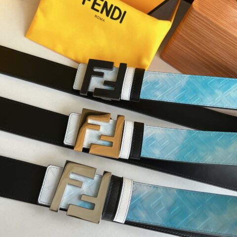 FENDI 芬迪最新非凡创意渐变印花浅蓝色双FF牛皮腰带4.0cm