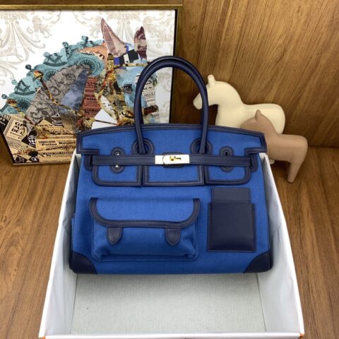 Hermès Birkin 35 Cargo 布包 蓝色 金扣