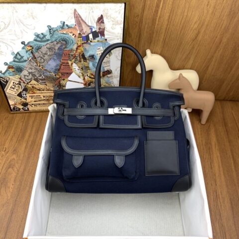 Hermès Birkin 35 Cargo 布包 午夜蓝拼黑色