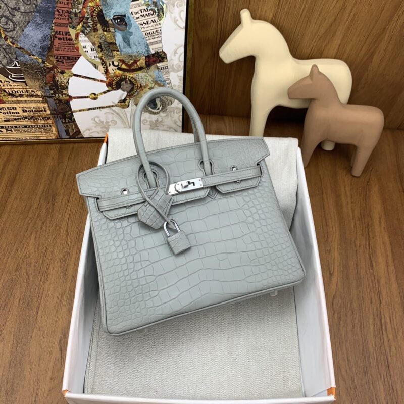 Hermès Birkin 25cm 雾面方块 美洲鳄鱼 珍珠灰