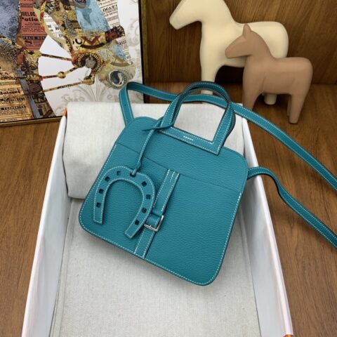 Hermès Halzan 22cm clemenc tc 7F孔雀蓝 银扣