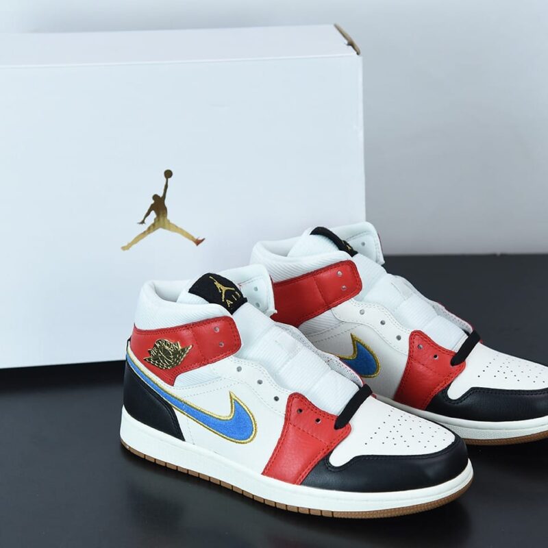 aj1 Mid 黑白红 灯芯绒蓝勾高帮篮球鞋  货号：DC1426-100