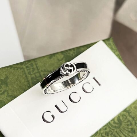 新款Gucci古驰情侣款宽版窄版双G黑珐琅戒指