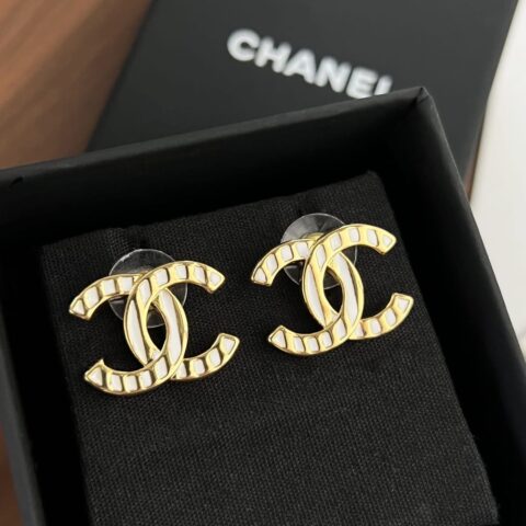 新款☑️CHANEL香奈儿c1双c白色波浪黑色金边耳钉耳环