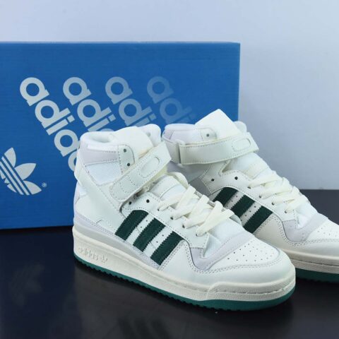 阿迪达斯Adidas三叶草 Originals Forum 84 High 罗马系列魔术贴高帮复古系带百搭休闲运动板鞋“皮革米白深绿”GX1519