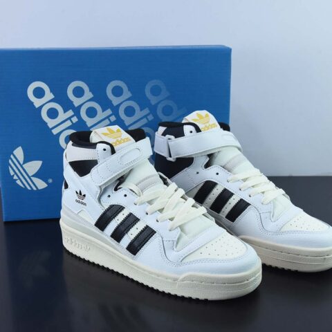 阿迪达斯Adidas三叶草 Originals Forum 84 High 罗马系列魔术贴高帮复古系带百搭休闲运动板鞋“皮革米白黑”GY5847